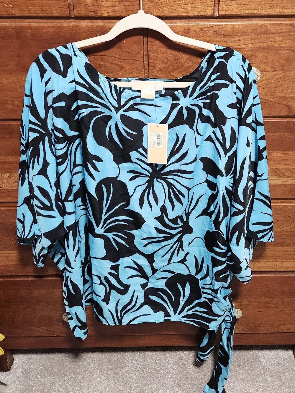 NWT Tropical Floral‎ Poncho-Style Blouse Women's Blue & Black Tie-Side Size 3X
